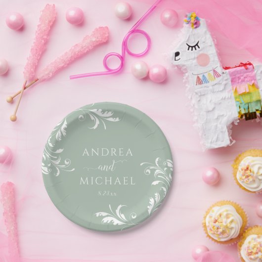 Assiettes En Carton Vert Sage Clair Mariage Élégant Luxe Flourdissant (Fête)