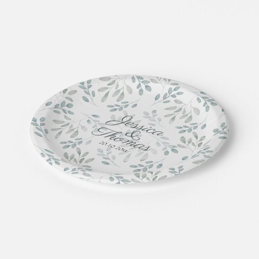 Assiettes En Carton Vert Sage Vert Aquarelle Motif Mariage (Angle)
