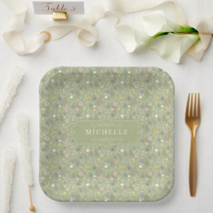 Assiettes En Carton Vert sauge Fleurs roses et blanches Motif floral b