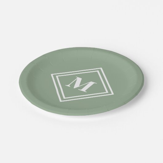 Assiettes En Carton Vert Sauge Moderne Monogramme (Angle)