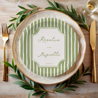 Assiettes En Carton Vert sauge rayures vintage mariage personnalisé