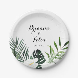 Assiettes En Carton Vert tropical Blanc Floral Mariage Gâteau