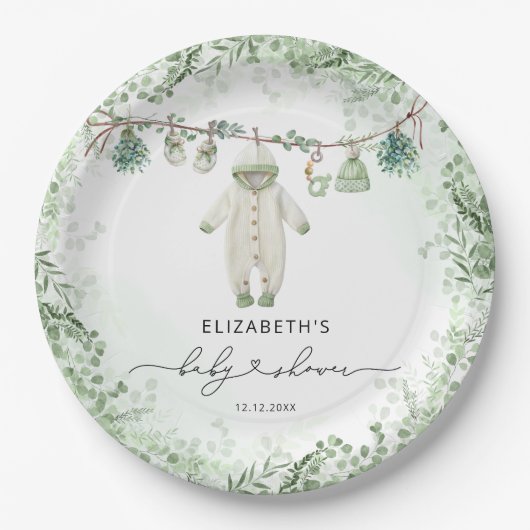 Assiettes En Carton Vêtements pour bébés Baby shower Boho Eucalyptus (Devant)