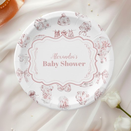 Assiettes En Carton Vêtements Roses Toile De Jouy Baby shower