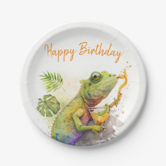 Assiettes En Carton Vibes d'été Aquarelle Chameleon - Joyeux anniversa (Devant)