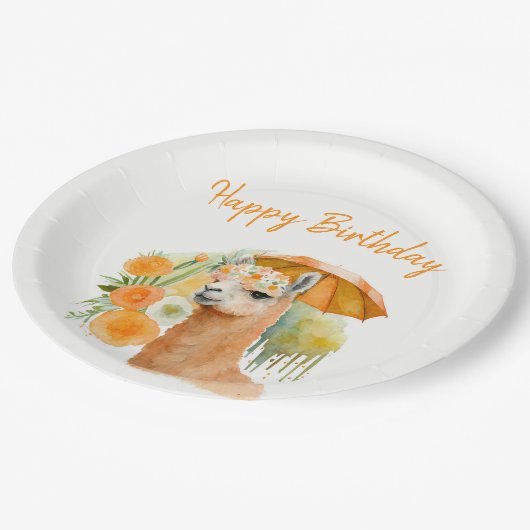 Assiettes En Carton Vibes d'été aquarelle Llama - Joyeux anniversaire (Angle)