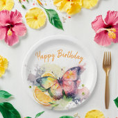 Assiettes En Carton Vibes d'été Aquarelle papillon - Joyeux anniversai
