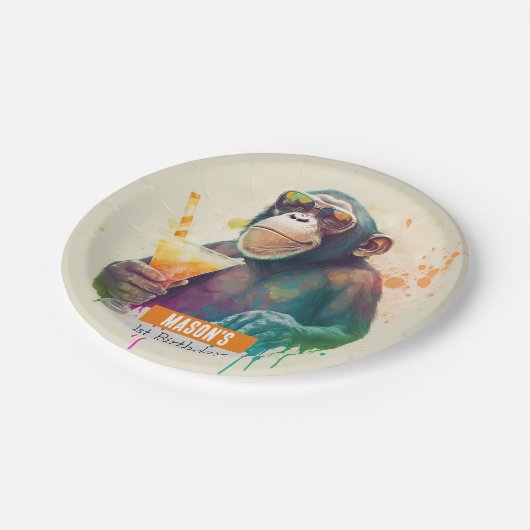 Assiettes En Carton Vibes d'été Singe - Fête d'anniversaire - (Angle)