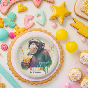 Assiettes En Carton Vibes d'été Singe - Fête d'anniversaire -