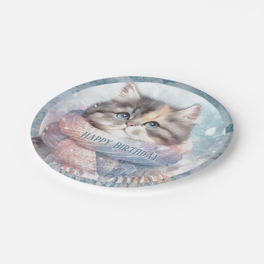 Assiettes En Carton Vibes d'hiver Chat avec Écharpe Anniversaire (Angle)