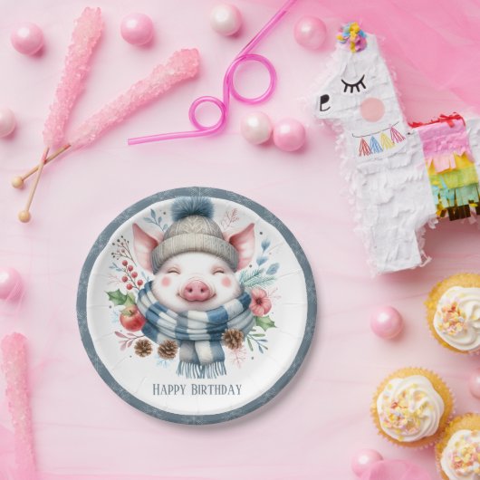 Assiettes En Carton Vibes d'hiver Écharpe de porc et Casquette - Anniv (Fête)