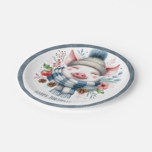 Assiettes En Carton Vibes d'hiver Écharpe de porc et Casquette - Anniv (Angle)