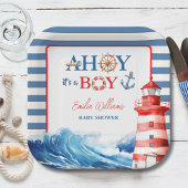 Assiettes En Carton Vibrant Blue Red Coastal Lighthouse Baby Shower