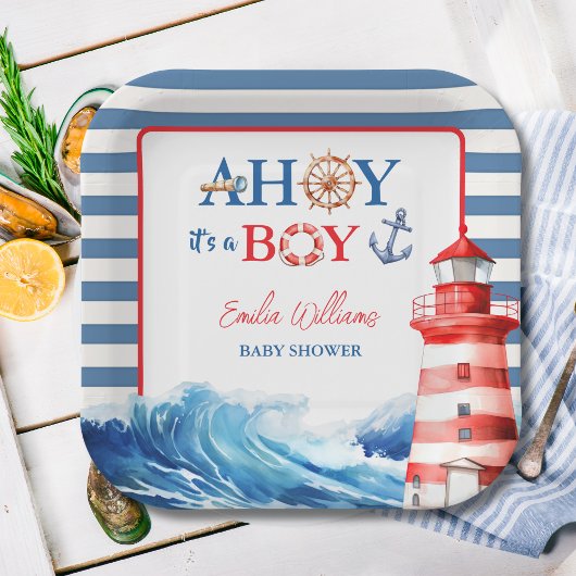 Assiettes En Carton Vibrant Blue Red Coastal Lighthouse Baby Shower