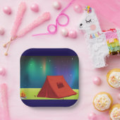 Assiettes En Carton Vibrant Northern Lights Camping Tent Night (Fête)