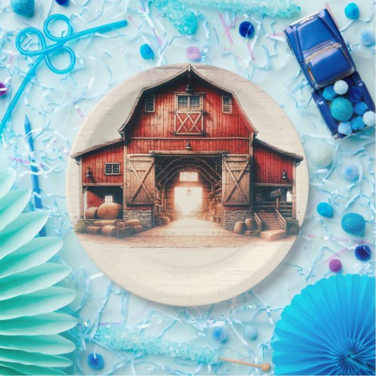 Assiettes En Carton Vieille grange rouge Mariage rustique à la campagn (Fête)