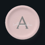Assiettes En Carton Vierge rose Gris Gris Gris Fille Script Nom Modern<br><div class="desc">Monogramme rose et gris Ajoutez votre propre nom Plaques de partie de script. Cela rend le cadeau parfait pour 16 ans,  mariage,  douche nuptiale,  anniversaire,  baby shower ou bachelorette pour quelqu'un qui aime le luxe glam et les styles chic.</div>