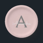 Assiettes En Carton Vierge rose Gris Gris Gris Fille Script Nom Modern<br><div class="desc">Monogramme rose et gris Ajoutez votre propre nom Plaques de partie de script. Cela rend le cadeau parfait pour 16 ans,  mariage,  douche nuptiale,  anniversaire,  baby shower ou bachelorette pour quelqu'un qui aime le luxe glam et les styles chic.</div>