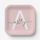 Assiettes En Carton Vierge rose moderne Script Girl Monogramme Nom (Recto)