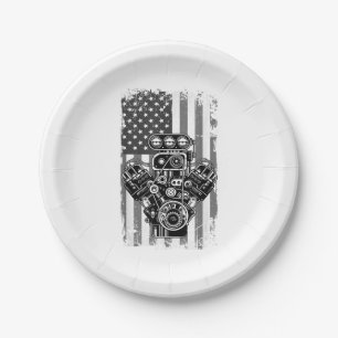 Assiettes En Carton Vieux Véhicule Musclé Piston Drapeau Américain Drô
