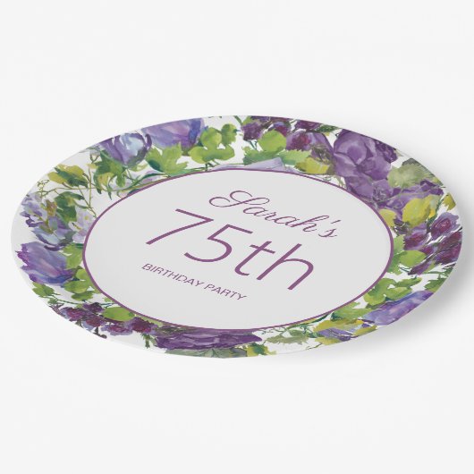 Assiettes En Carton Vignes Feuilles florales pourpres 75e anniversaire (Angle)