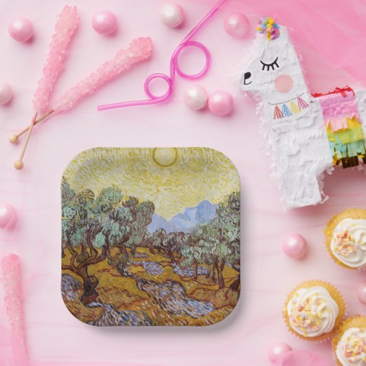 Assiettes En Carton Vincent van Gogh - Oliviers, Ciel Jaune et Soleil (Fête)
