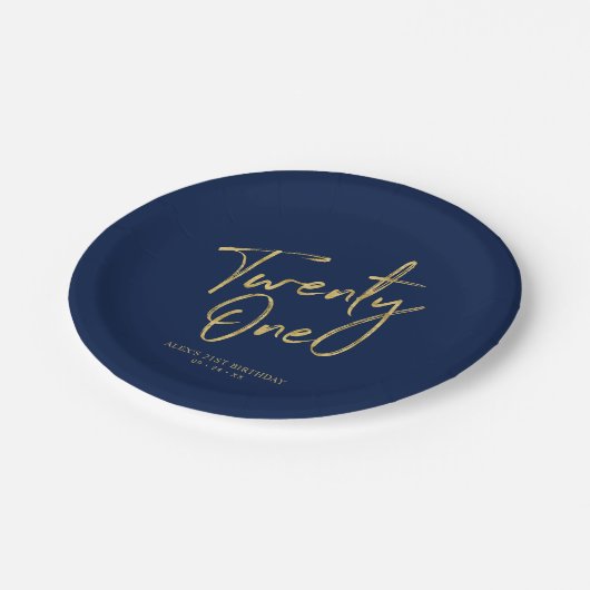 Assiettes En Carton Vingt et un | Gold & Navy fête 21e anniversaire (Angle)