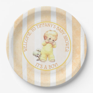 Assiettes En Carton Vintage bébé garçon Jaune, orange et Baby shower g