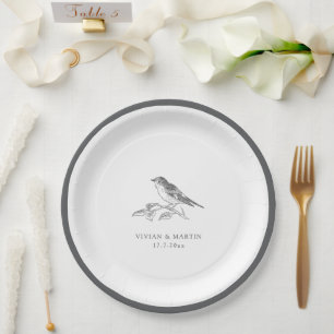 Assiettes En Carton Vintage Bird noir et blanc Mariage
