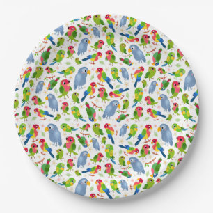 Assiettes En Carton Vintage Birds Motif, Colorful parakeet motif