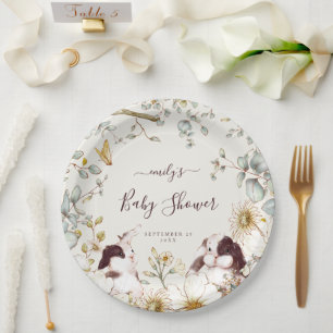 Assiettes En Carton Vintage Bunnies Foliage GIrl Baby shower de crème 