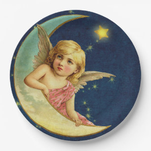 Assiettes En Carton Vintage Cherub Céleste Lune Ange Bébé Fille Bleu