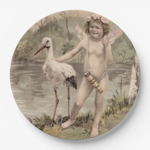 Assiettes En Carton Vintage Chérubin avec Cigogne au Lac 