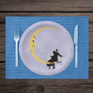 Assiettes En Carton Vintage Croissant Lune en Colère Face Étoiles Coup