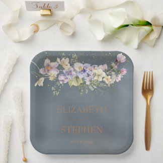 Assiettes En Carton Vintage Elégant bleu Dusty Floral Mariage