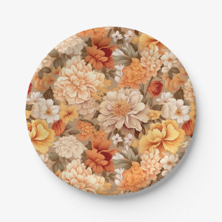 Assiettes En Carton Vintage jaune brûlé orangé beige beige fleurs tan