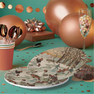Assiettes En Carton Vintage Noël scène patinage sur glace