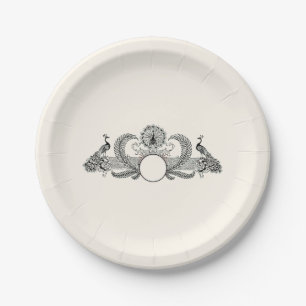 Assiettes En Carton Vintage Paons Monogramme Ivoire BG