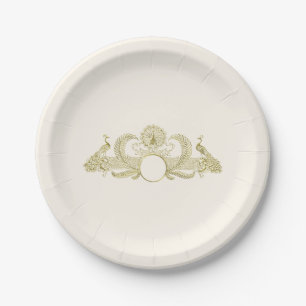 Assiettes En Carton Vintage Paons Monogramme Ivoire Or Faux BG