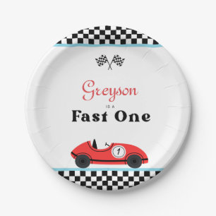 Assiettes En Carton Vintage Red Race Car Premier Anniversaire Fast One