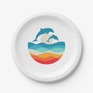 Assiettes En Carton Vintage Rétro Été Plage Dauphin