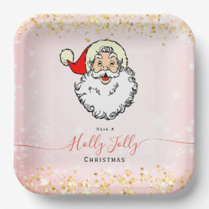 Assiettes En Carton Vintage rose Jolly Père Noël Souriant Visage Noël