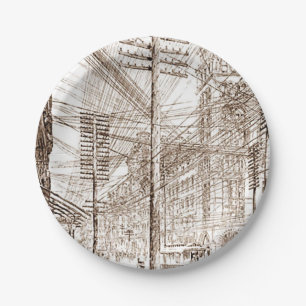 Assiettes En Carton Vintage Sepia Etching Utility Lines 7 pouces Papie