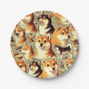 Assiettes En Carton Vintage Shiba Inu Motif sans couture