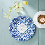 Assiettes En Carton Vintage Talavera Azulejo mariage en carreaux bleus<br><div class="desc">Vintage Talavera Azulejo Carreaux bleu et blanc méditerranéen monogrammed mariage imprimé plaques papier modèle décoration de table personnalisée</div>