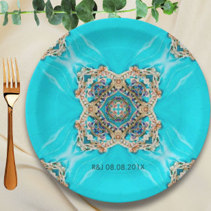 Assiettes En Carton vintage turquoise motif bohème faveur de mariage
