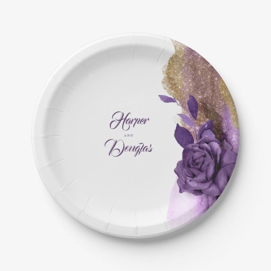 Assiettes En Carton Violet foncé et Parties scintillant or Floral Mode (Devant)