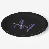 Assiettes En Carton Violet Pourpre Noir Monogramme Moderne Élégant Scr (Angle)