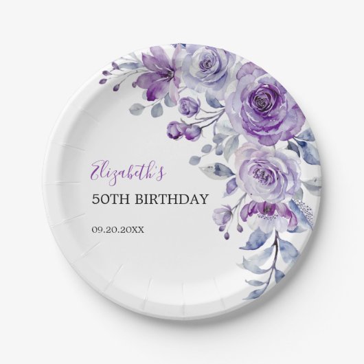 Assiettes En Carton Violet Rose verdure Floral Anniversaire (Devant)