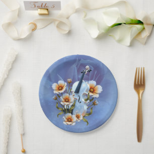 Assiettes En Carton Violon blanc aux fleurs - Musique élégante & Natur